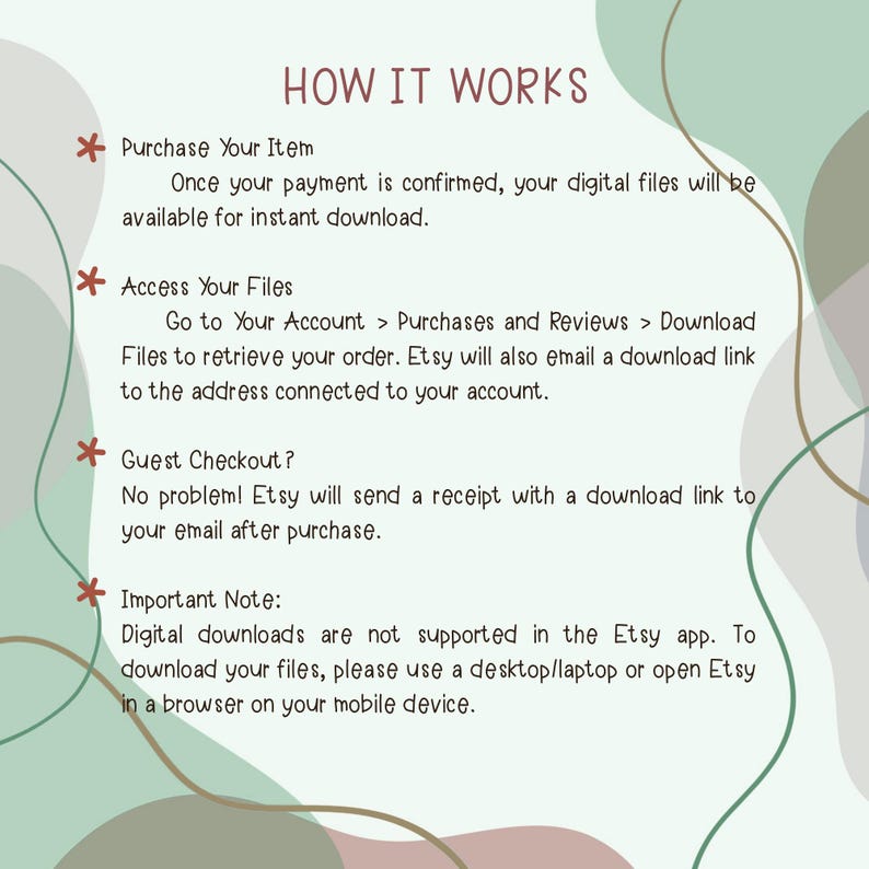 Peut inclure: Un guide intitul&eacute; &laquo;&nbsp;COMMENT &Ccedil;A MARCHE&nbsp;&raquo; expliquant comment acheter et t&eacute;l&eacute;charger des fichiers num&eacute;riques sur Etsy. Le texte est noir sur fond cr&egrave;me, avec des formes d&eacute;coratives vertes et marron. Des instructions sont fournies.