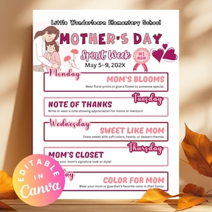 Mother&#39;s Day Spirit Week Itinerary Dress Up Schedule School Event Flyers Appreciation Week Planner Mother Theme Spirit Week Schedule Posters