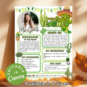 Cactus Meet the Teacher Flyer Cactus Back 2 School Thanks for Helping me Grow First Day of School Mexican Teacher Intro Classroom Newsletter