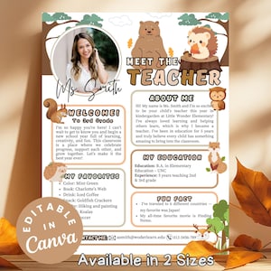 Puede incluir: Un póster de presentación de la maestra con una foto de la Sra. Smith, ilustraciones de animales del bosque y texto. El póster incluye secciones para favoritos, educación y datos curiosos. El diseño está en una paleta de colores cálidos.