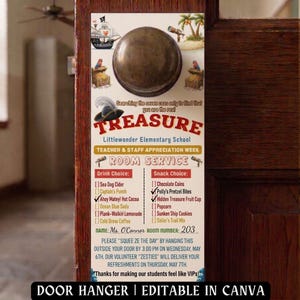 May include: A door hanger with a pirate theme, featuring a treasure chest, pirate ship, and tropical island illustrations. The text reads "Treasure" and "Room Service" with drink and snack options. Includes the text "Door Hanger | Editable in Canva."