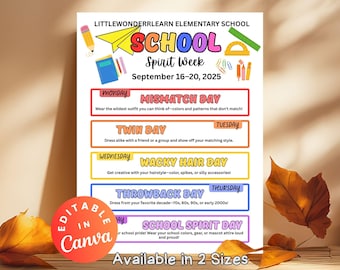 Back to School Spirit Week Itinerary Schedule Flyers Teacher & Staff Appreciation Week Dress-Up Schedule Poster School Theme Days Calendar