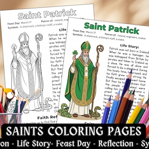 May include: Two Saint Patrick's Day coloring pages. One is a black and white illustration, and the other is colored. The pages include text about Saint Patrick's life, symbols, and feast day. A pencil holder with colored pencils is in the foreground.