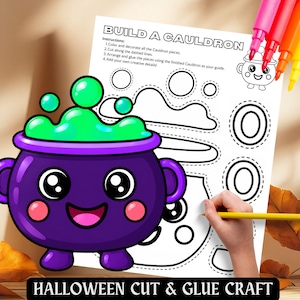 Op de afbeelding: Een printbaar activiteitenblad getiteld Build a Cauldron met instructies en zwart-wit omtrekken van ketelonderdelen. Een afgewerkte, gekleurde paarse ketel met groene borrelende vloeistof en een lachend gezicht wordt naast het blad getoond.