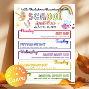 School Spirit Week Editable Schedule Flyer Elementary Dress Up Days Event Itinerary Back to School Poster Holiday Classroom Newsletter Canva