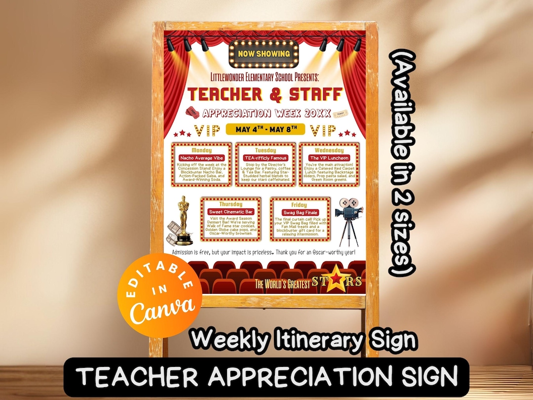 Hollywood Theme Signage VIP Teacher Appreciation Week Itinerary ...
