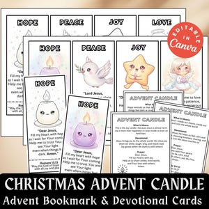 May include: A collection of Christmas Advent Candle bookmarks and devotional cards. The cards feature illustrations of candles, doves, and stars, with text including "Hope," "Peace," and "Joy." The phrase "Editable in Canva" is also visible.