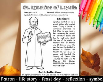 St. Ignatius of Loyola Coloring Pages, Catholic Kids Saint Activity Worksheet July Saint Feast Day Sunday School CCD Christian Crafts PDF
