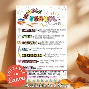 Printable Middle School Survival Kit Tag Back to School Gift for Student Treats, First Day Essentials, Fun Survival Kit High School Gift Tag
