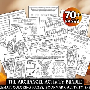 May include: A collection of black and white activity sheets titled The Archangel Activity Bundle, featuring colouring pages, mazes, and word searches about St. Michael, St. Gabriel, and St. Raphael, with a circular badge stating 70+ PAGES.