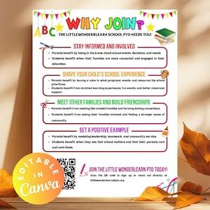 Why Join PTO PTA Editable Flyer Template for School Volunteer Recruitment, Membership Drive, Canva Design, Parent Teacher Group Sign-Up Form
