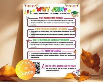 Why Join PTO PTA Editable Flyer Template for School Volunteer Recruitment, Membership Drive, Canva Design, Parent Teacher Group Sign-Up Form