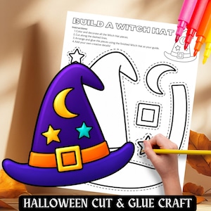 Puede incluir: Una hoja de actividades imprimible titulada BUILD A WITCH HAT con instrucciones y contornos para recortar las piezas del sombrero. Se muestra un sombrero de bruja morado terminado y coloreado con una luna creciente amarilla, estrellas amarillas y turquesas, y una hebilla naranja.