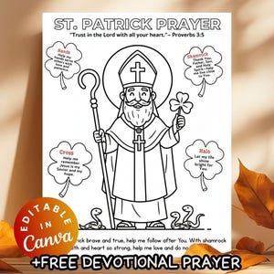 May include: Black and white illustration of St. Patrick holding a staff and shamrock, with text "St. Patrick Prayer" and "Trust in the Lord with all your heart." Includes editable Canva text and a free devotional prayer.