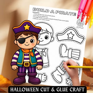 May include: A Build a Pirate activity sheet featuring a colourful cartoon pirate character wearing a purple hat with a yellow star, an eyepatch, and striped clothing, alongside black and white outline pieces to cut, glue, and assemble.