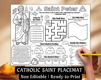 St. Peter Apostle Activity Placemat Kids Catholic Saint Coloring Pages August Feast Day Bible Craft Sunday School Worksheet Printable PDF