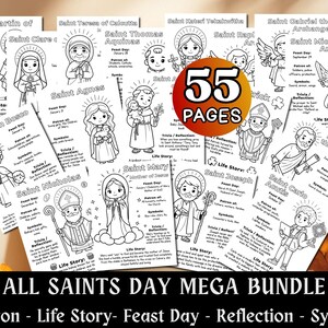 Puede incluir: Una colección de 55 páginas para colorear en blanco y negro con varios santos y texto que detalla sus días festivos, patronazgos, símbolos, curiosidades e historias de vida. El paquete incluye ilustraciones de San Martín, Santa Teresa y San Miguel.