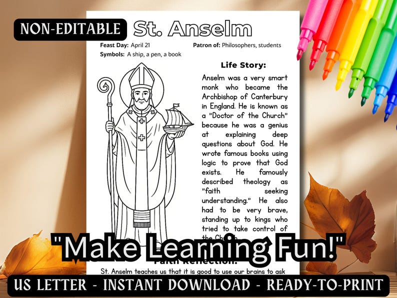 St. Anselm Coloring Page Catholic Kids Saint Activity Worksheet Doctor ...