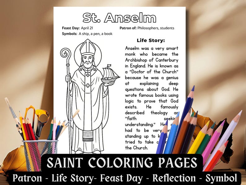 St. Anselm Coloring Page Catholic Kids Saint Activity Worksheet Doctor ...