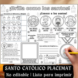 Może przedstawiać: Czarno-biały arkusz aktywności do druku zatytułowany Brilla como los santos, zawierający ilustracje religijne, grę w znajdowanie różnic, sekcję modlitewną oraz pusty szablon medalu do rysowania, kolorowania i wypełniania przez dzieci.