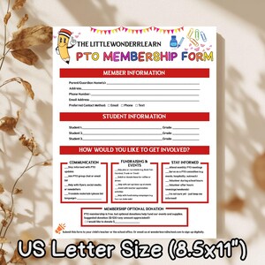 Peut inclure: Un formulaire d'adh&eacute;sion PTO rouge et blanc avec des sections pour les informations des membres et des &eacute;tudiants, et des fa&ccedil;ons de s'impliquer. Le formulaire est au format US Letter (21,6 x 27,9 cm). Le logo Little Wonderrlearn est en haut.