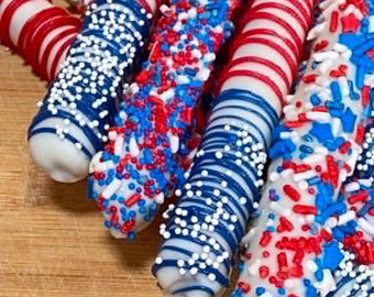Patriotic Themed Chocolate Covered Pretzel Rods