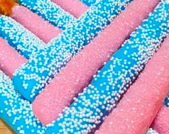 Gender Reveal Themed Chocolate Covered Pretzel Rods
