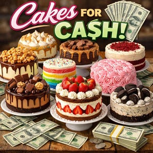 Könnte beinhalten: Eine Auswahl an Kuchen mit verschiedenen Belägen wie Popcorn, Schokolade, Erdbeeren und Keksen. Das Bild zeigt den Text "Cakes FOR CASH!" und US-Dollar-Scheine, was auf ein Angebot hindeutet.