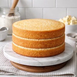 Puede incluir: Pastel amarillo de tres capas sobre un soporte de mármol. Las capas del pastel son de tamaño uniforme y de color marrón claro. El soporte para pasteles tiene una base de madera y una parte superior de mármol. Ingredientes como harina y mantequilla están en el fondo.