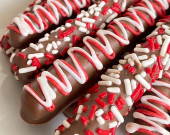 Red Theme Chocolate Covered Pretzel Rods- One dozen