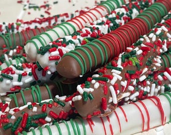 Christmas Chocolate Covered Pretzel Rods- One dozen