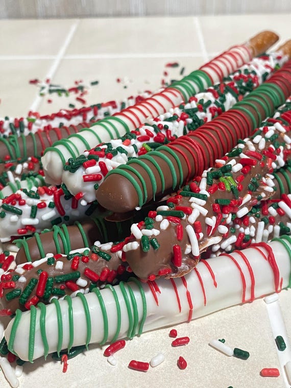 Christmas Chocolate Covered Pretzel Rods- One dozen