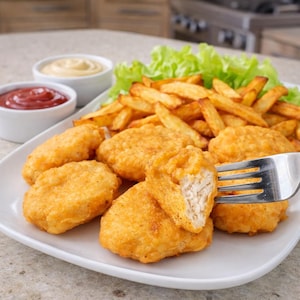 May include: A plate of fried chicken nuggets, french fries, and lettuce. Two small white bowls contain ketchup and a creamy sauce. A fork holds a nugget, revealing the cooked chicken inside.