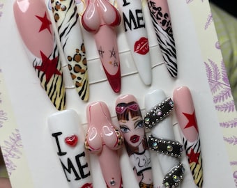 Feminist Press On Nails | Bold Statement Nail Art | I Love Me Handmade Nails | Breast & Body Art Nails | Leopard Zebra Glam