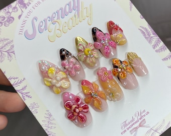 Flowers Press on nails- handmade custom nails -charm pink nails -valentina gift