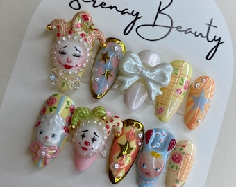 Press on nails -Clown Circus desing nails -custom nails -Fake gel nails -valentina gift
