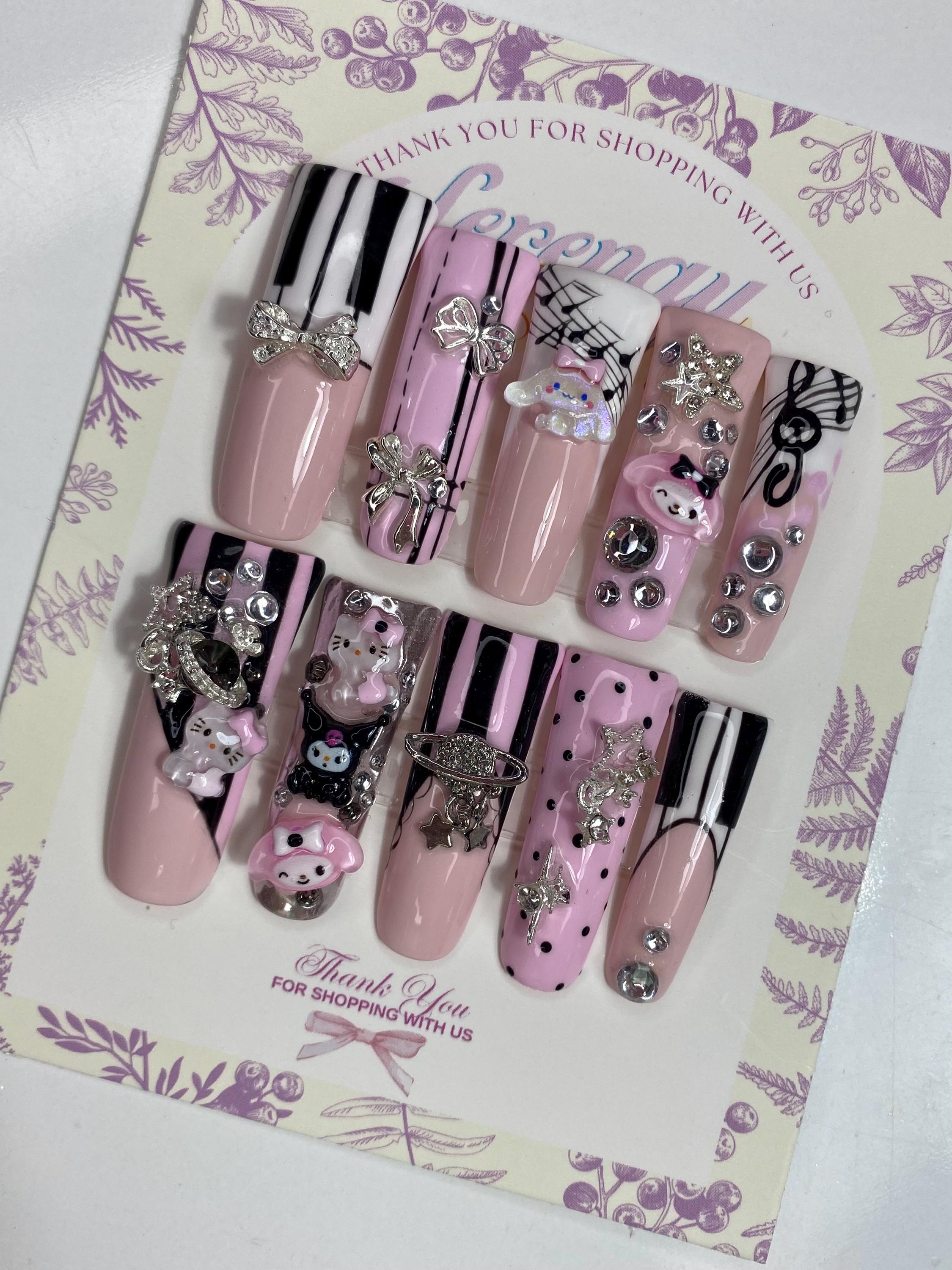 Press on nails- handmade custom nails -charm pink nails -valentina gift