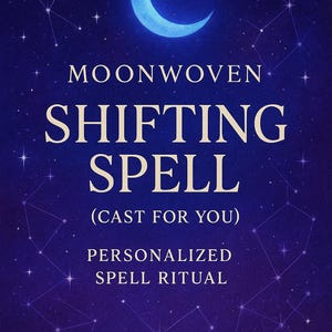 Peut inclure: Graphique numérique sur fond bleu foncé avec un croissant de lune et des constellations. Le texte indique "MOONWOVEN SHIFTING SPELL (CAST FOR YOU) PERSONALIZED SPELL RITUAL."