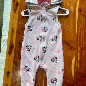 Disney Baby Minnie Mouse Hooded Romper | Size 12M | Pink Hearts & Bow | Cozy and Cute | One Of Kind Embroidery | Magical Minnie Mouse Outfit