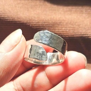 Wide Hammered Sterling Silver Ring | Adjustable Open Band Ring | Rustic Boho Statement Ring | Handmade Minimalist Silver Jewelry