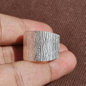 Rustic Bark Texture Sterling Silver Ring: Wide Band Unisex Design