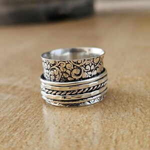 Floral Sterling Silver Spinner Ring: Ornate Wide Band Anxiety Jewelry
