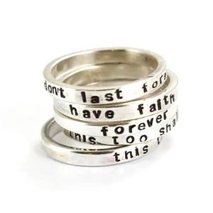 Custom Stacking Name Rings – Personalized Sterling Silver Word Bands, Hand Stamped Rings with Message, Date or Quote, Gift for Her