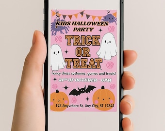 May include: A pink Halloween party invitation displayed on a smartphone. The invitation features the text "KIDS HALLOWEEN PARTY" and "TRICK OR TREAT" with ghost and pumpkin illustrations. The date is October 31st.