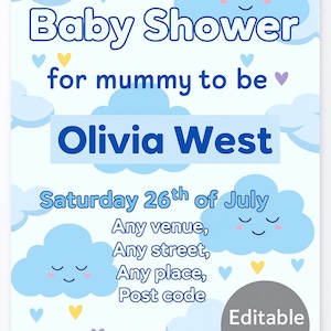 Blue Sky Baby Shower Invitation: Editable Cloud Theme (5x7 inches, Canva Template)