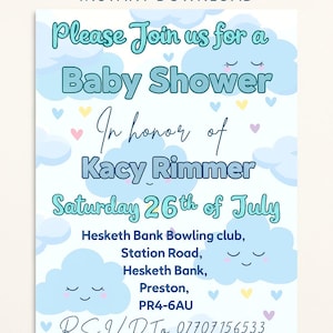 Invito per baby shower modificabile con nuvole e cuori / tema cielo azzurro / invito per baby shower per bambino / download immediato