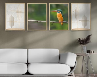 Juego de 4 impresiones de arte mural japonés moderno: arte de pájaro martín pescador para interiores naturales minimalistas y decoración del hogar de inspiración zen.