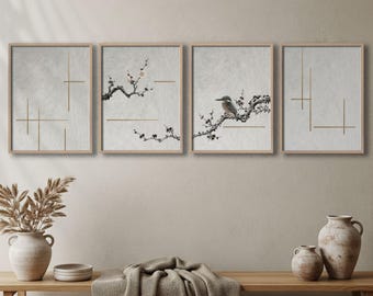 Juego de 4 láminas de arte mural Japandi / Estampado estilo Sumi-e de martín pescador y flor de ciruelo / Arte japonés minimalista inspirado en el shoji para interiores neutros