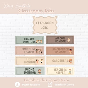 May include: Classroom job labels in a neutral colour palette, including "Library Monitors" and "Aircon Monitor". The design features illustrations of children and the text "Editable Classroom Decor".