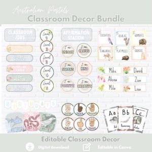 May include: A classroom decor bundle with an Australian pastel theme. Includes editable name tags, affirmation station circles, classroom job labels, and alphabet cards. Features Australian animals and hand gesture visuals.